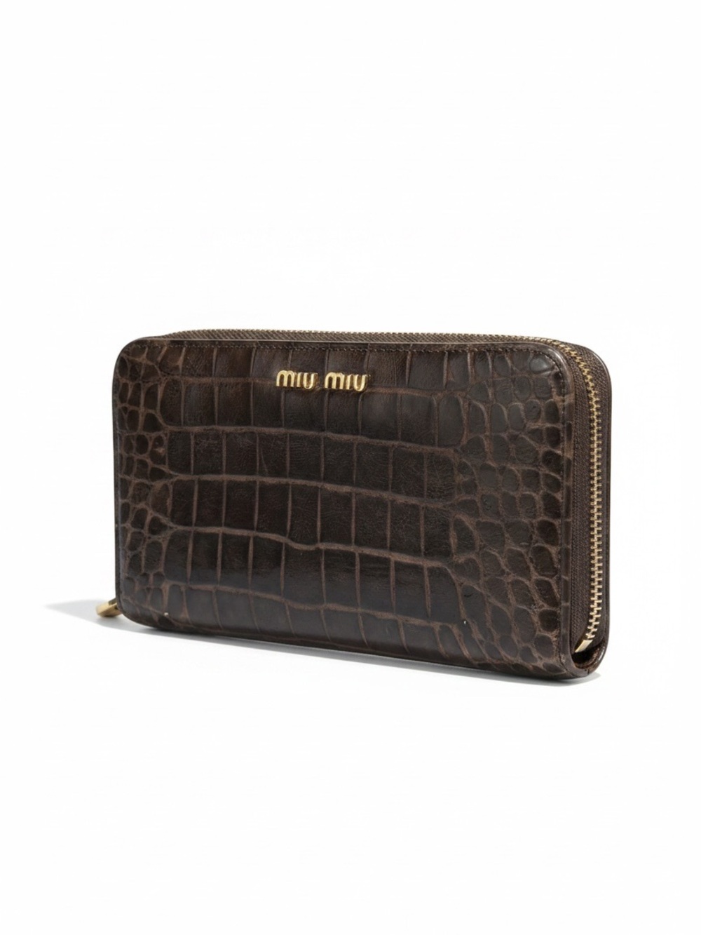 Miu Miu Brown Croc Embossed Leather Zip Around Continental Wallet Italy